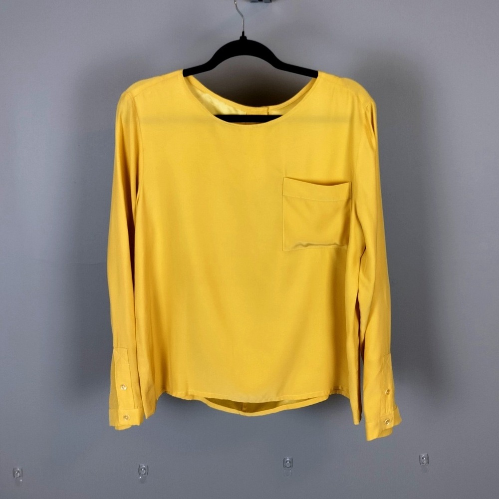 Vintage Lida Baday 100% Silk Long Sleeve Pocket Blouse 10 Yellow Made in Canada